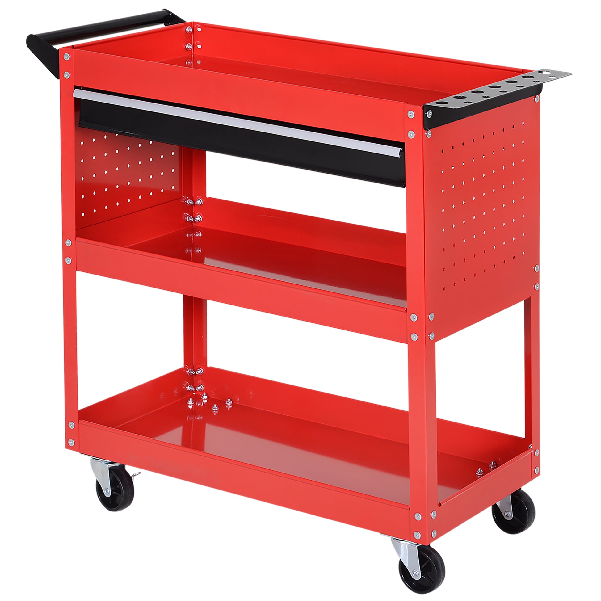 Workshop Tool Cart, Tool Cart with 3 Levels, Trolley with Drawer, Assembly Cart for Garage, Warehouse, max. 60 kg Load, Red