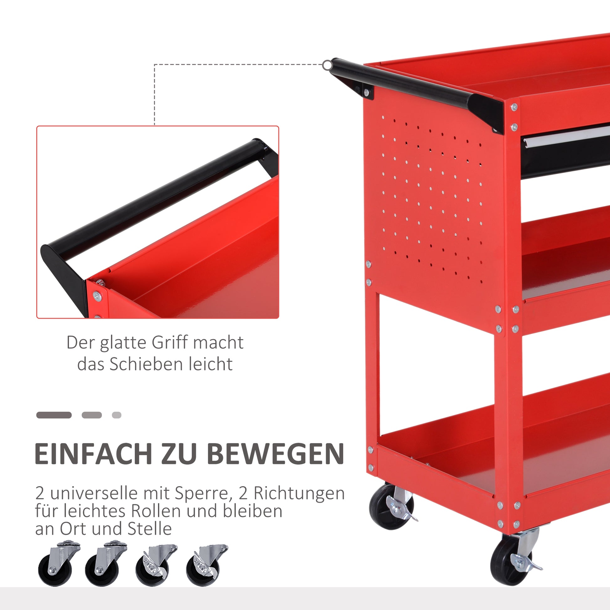 Workshop Tool Cart, Tool Cart with 3 Levels, Trolley with Drawer, Assembly Cart for Garage, Warehouse, max. 60 kg Load, Red