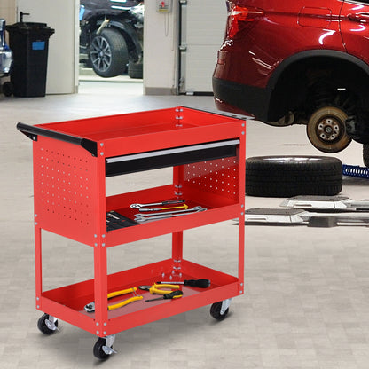 Workshop Tool Cart, Tool Cart with 3 Levels, Trolley with Drawer, Assembly Cart for Garage, Warehouse, max. 60 kg Load, Red