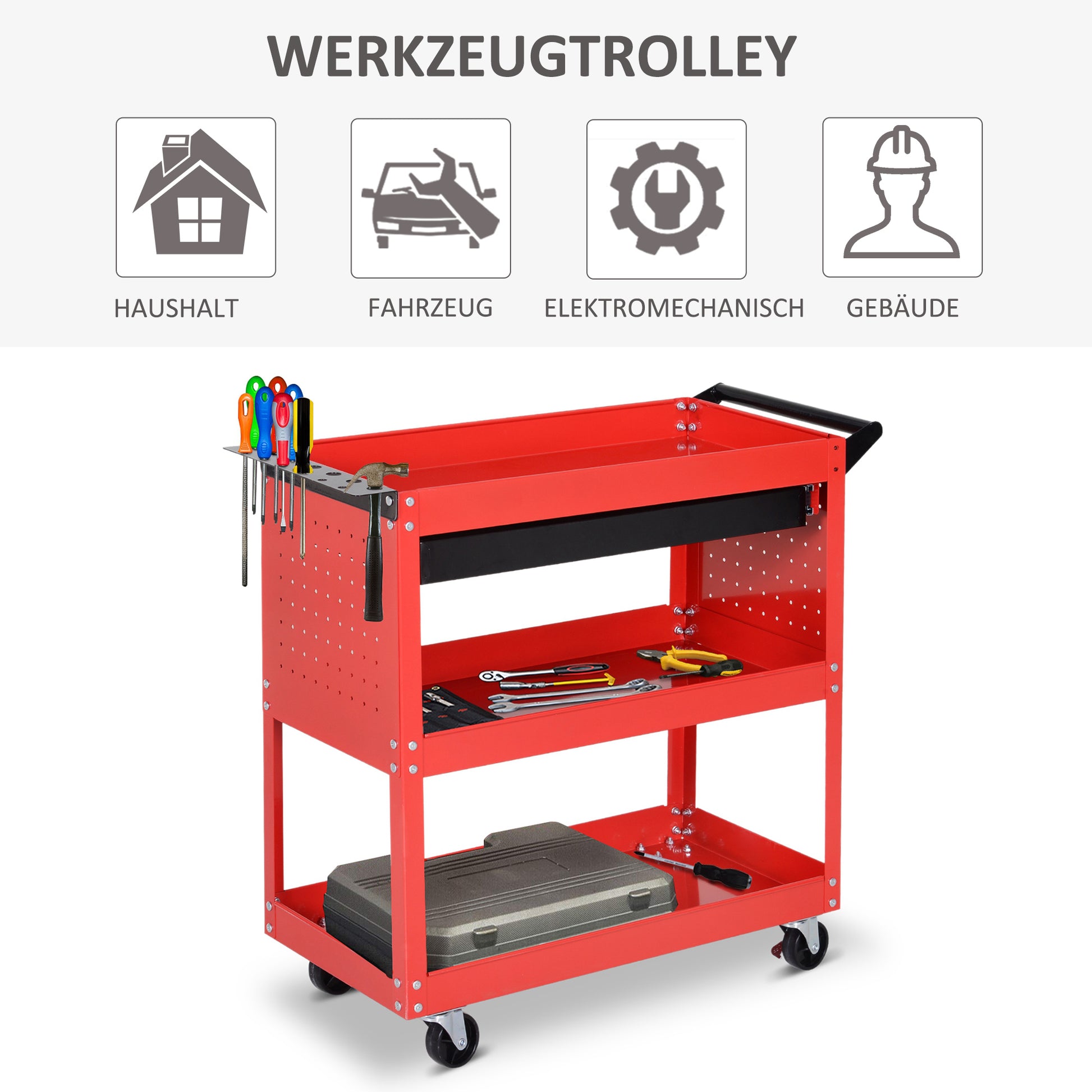 Workshop Tool Cart, Tool Cart with 3 Levels, Trolley with Drawer, Assembly Cart for Garage, Warehouse, max. 60 kg Load, Red