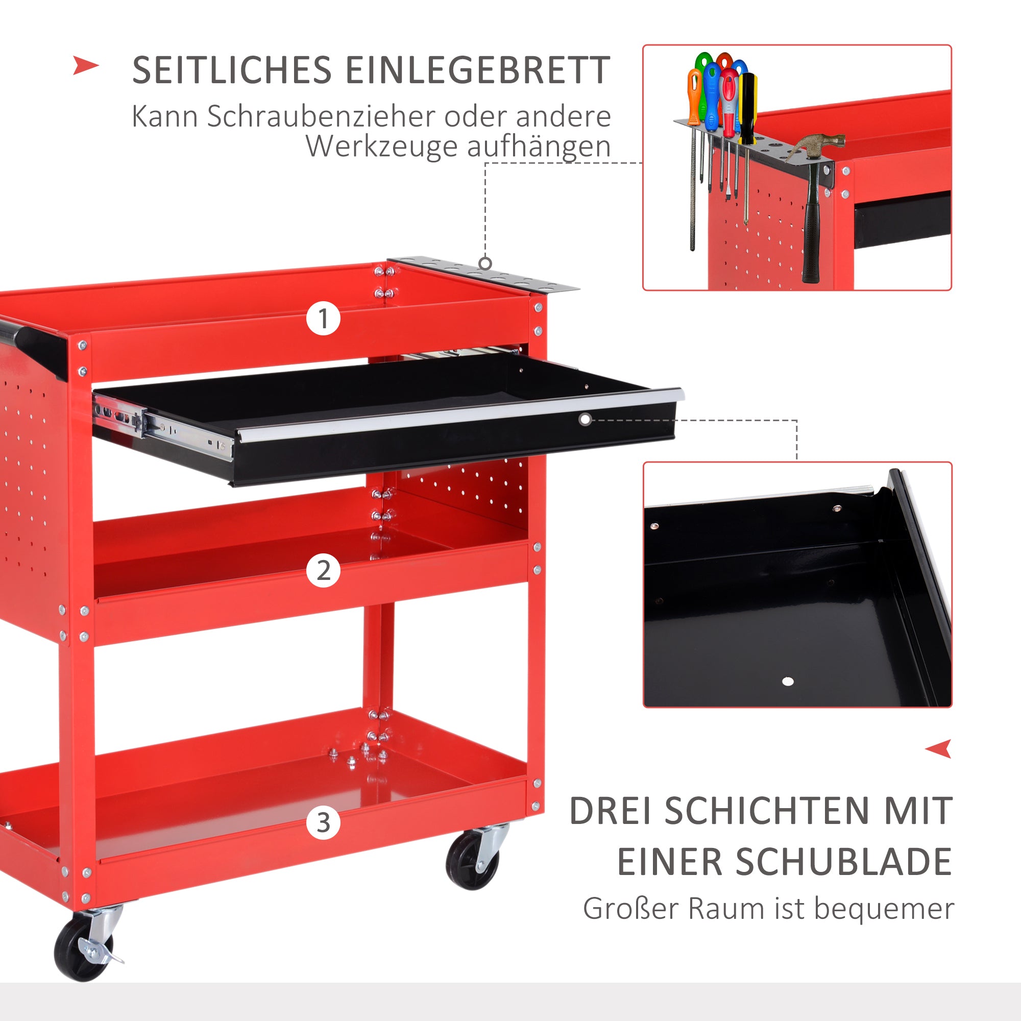 Workshop Tool Cart, Tool Cart with 3 Levels, Trolley with Drawer, Assembly Cart for Garage, Warehouse, max. 60 kg Load, Red