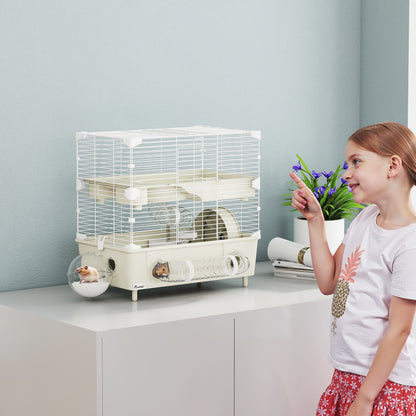 Hamster Cage with 2 Levels and 3 Doors with Wheel, Litter Box, and Play Tubes, Steel, PS and PP, 44.5x28x44 cm, Cream and White