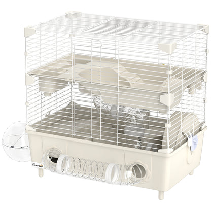 Hamster Cage with 2 Levels and 3 Doors with Wheel, Litter Box, and Play Tubes, Steel, PS and PP, 44.5x28x44 cm, Cream and White