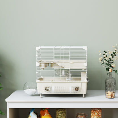 Hamster Cage with 2 Levels and 3 Doors with Wheel, Litter Box, and Play Tubes, Steel, PS and PP, 44.5x28x44 cm, Cream and White