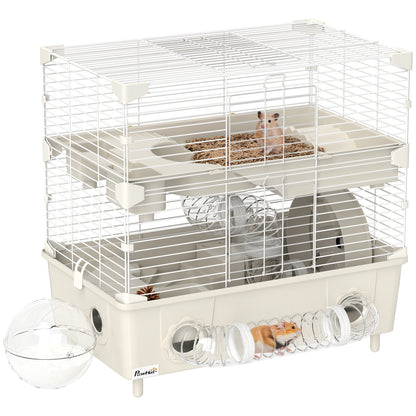 Hamster Cage with 2 Levels and 3 Doors with Wheel, Litter Box, and Play Tubes, Steel, PS and PP, 44.5x28x44 cm, Cream and White