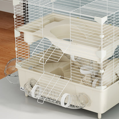 Hamster Cage with 2 Levels and 3 Doors with Wheel, Litter Box, and Play Tubes, Steel, PS and PP, 44.5x28x44 cm, Cream and White