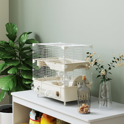 Hamster Cage with 2 Levels and 3 Doors with Wheel, Litter Box, and Play Tubes, Steel, PS and PP, 44.5x28x44 cm, Cream and White