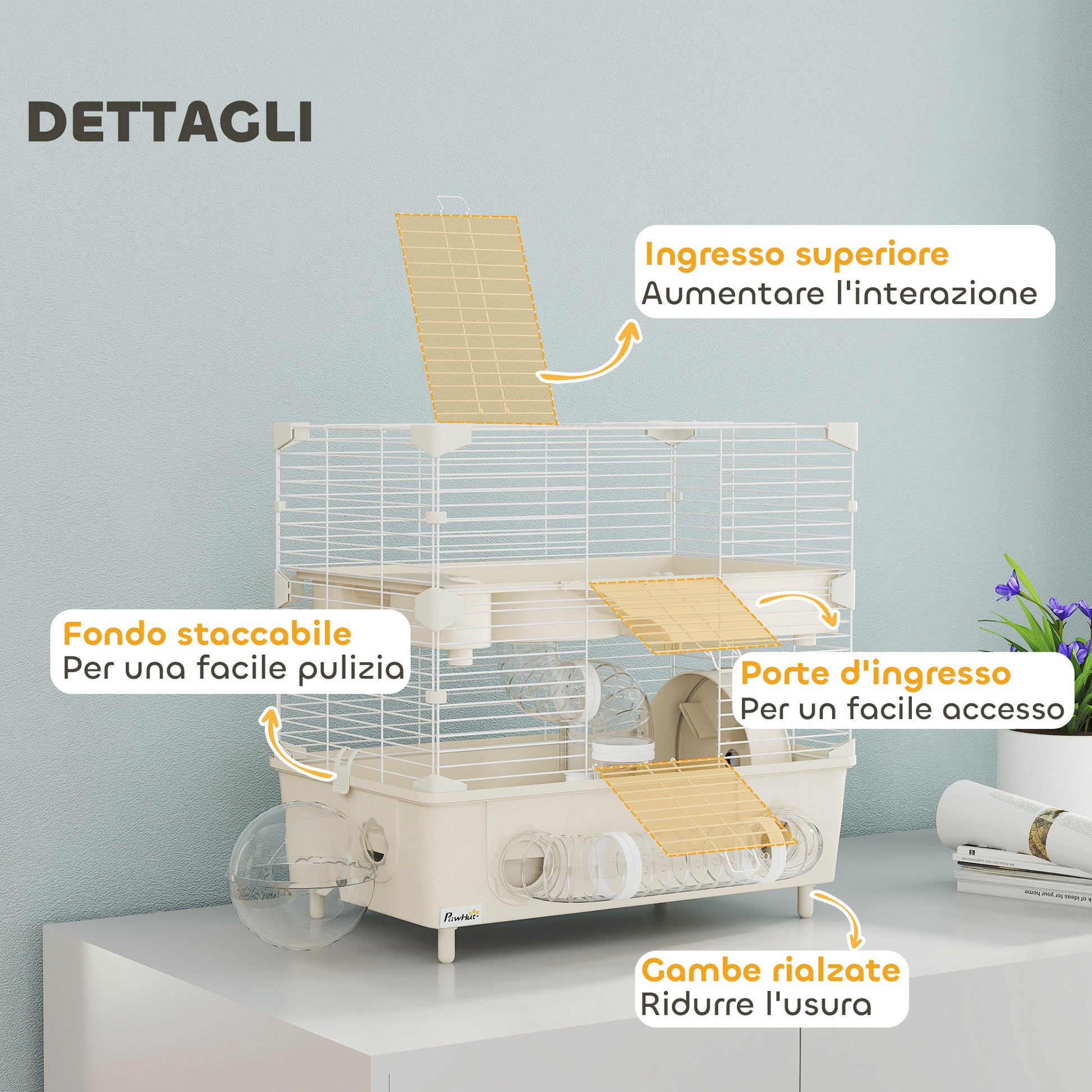 Hamster Cage with 2 Levels and 3 Doors with Wheel, Litter Box, and Play Tubes, Steel, PS and PP, 44.5x28x44 cm, Cream and White