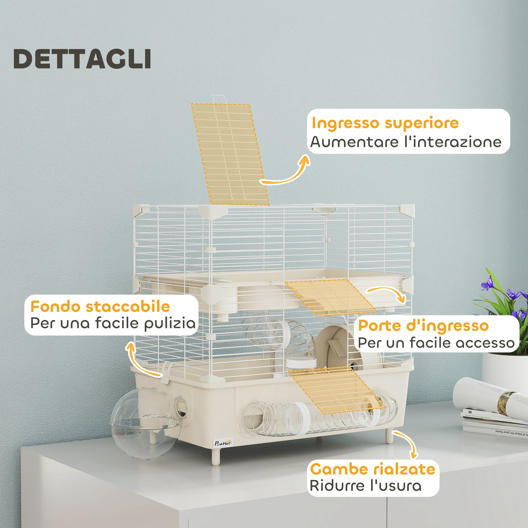 Hamster Cage with 2 Levels and 3 Doors with Wheel, Litter Box, and Play Tubes, Steel, PS and PP, 44.5x28x44 cm, Cream and White