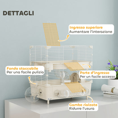 Hamster Cage with 2 Levels and 3 Doors with Wheel, Litter Box, and Play Tubes, Steel, PS and PP, 44.5x28x44 cm, Cream and White