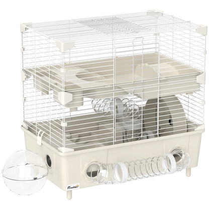 Hamster Cage with 2 Levels and 3 Doors with Wheel, Litter Box, and Play Tubes, Steel, PS and PP, 44.5x28x44 cm, Cream and White