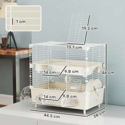 Hamster Cage with 2 Levels and 3 Doors with Wheel, Litter Box, and Play Tubes, Steel, PS and PP, 44.5x28x44 cm, Cream and White