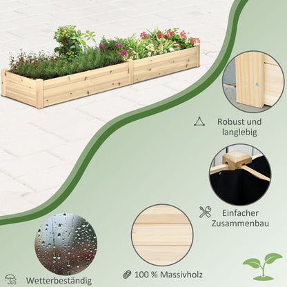 Planter Box, Planting Box with 2 Planting Areas, Vegetable Bed for Vegetables, Herbs in the Garden, Terrace, and Balcony, Wood, Natural, 244 x 61.5 x 27 cm