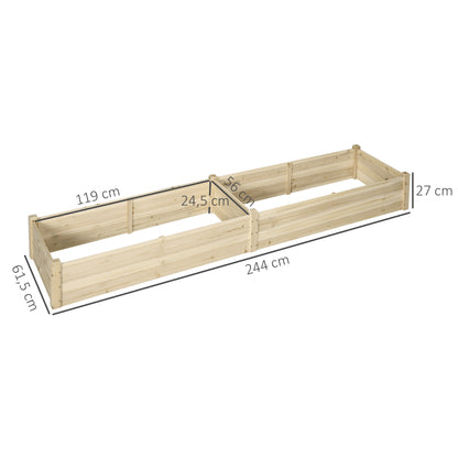 Planter Box, Planting Box with 2 Planting Areas, Vegetable Bed for Vegetables, Herbs in the Garden, Terrace, and Balcony, Wood, Natural, 244 x 61.5 x 27 cm