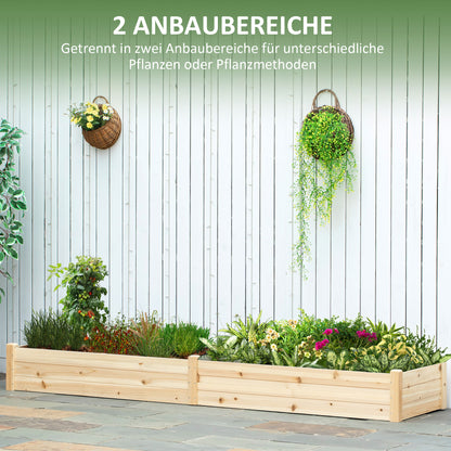 Planter Box, Planting Box with 2 Planting Areas, Vegetable Bed for Vegetables, Herbs in the Garden, Terrace, and Balcony, Wood, Natural, 244 x 61.5 x 27 cm