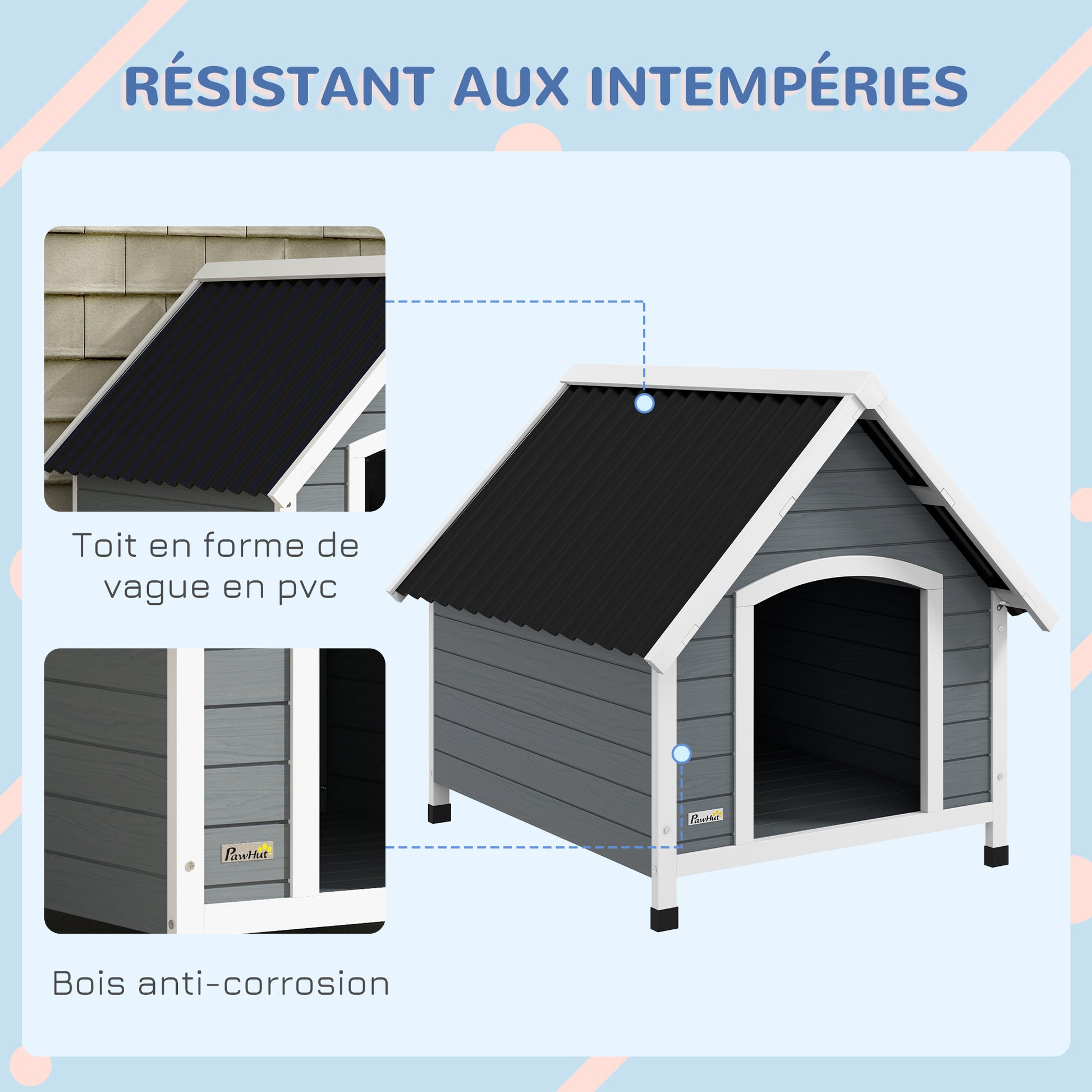 Outdoor Wooden Dog House, Dog Kennel with Removable Floor, Adjustable Height Plastic Feet, Outdoor Dog House for Medium-Sized Dogs, 84 x 99 x 87 cm, Gray