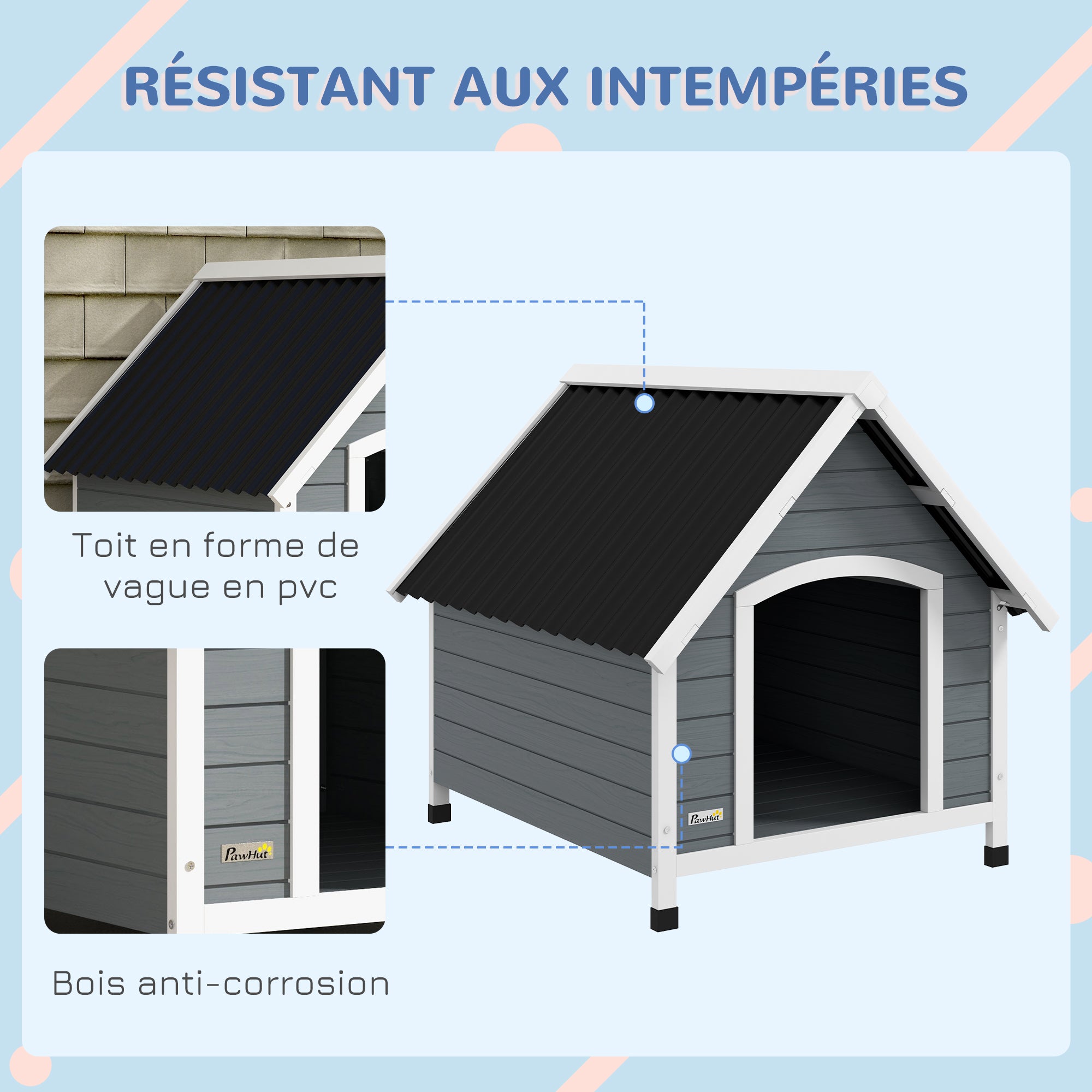 Outdoor Wooden Dog House, Dog Kennel with Removable Floor, Adjustable Height Plastic Feet, Outdoor Dog House for Medium-Sized Dogs, 84 x 99 x 87 cm, Gray