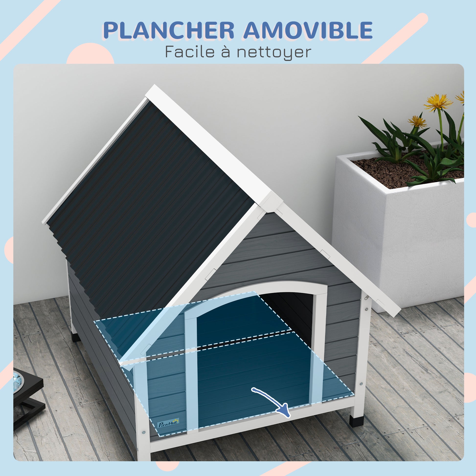 Outdoor Wooden Dog House, Dog Kennel with Removable Floor, Adjustable Height Plastic Feet, Outdoor Dog House for Medium-Sized Dogs, 84 x 99 x 87 cm, Gray