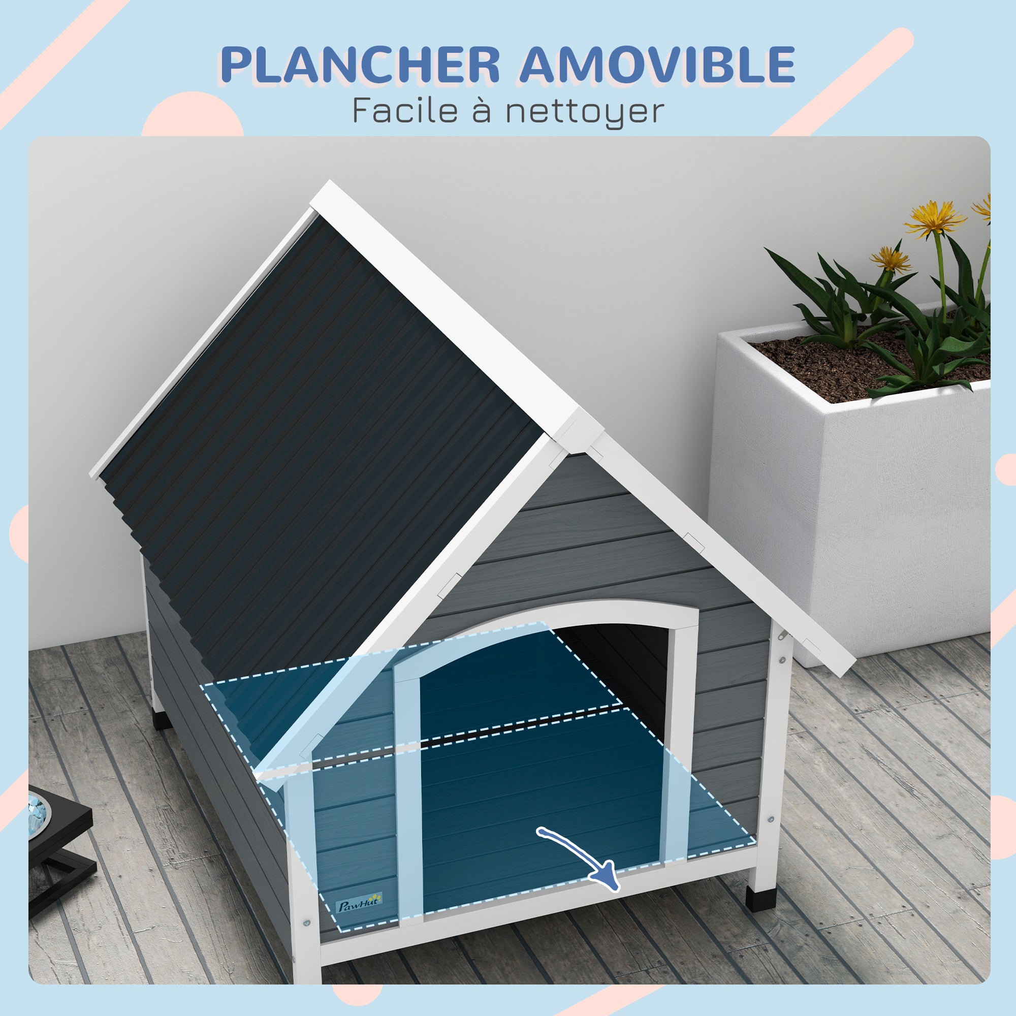 Outdoor Wooden Dog House, Dog Kennel with Removable Floor, Adjustable Height Plastic Feet, Outdoor Dog House for Medium-Sized Dogs, 84 x 99 x 87 cm, Gray