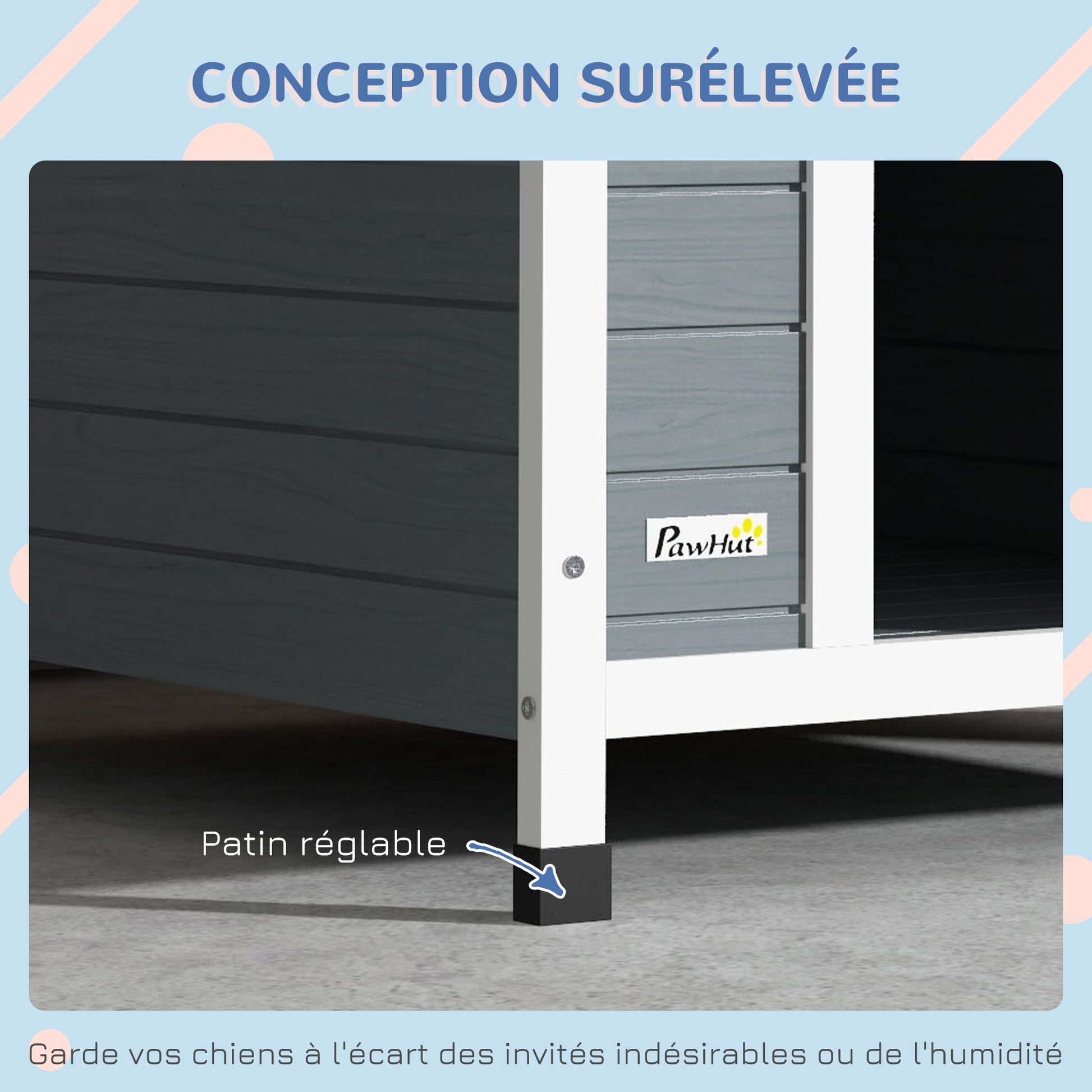 Outdoor Wooden Dog House, Dog Kennel with Removable Floor, Adjustable Height Plastic Feet, Outdoor Dog House for Medium-Sized Dogs, 84 x 99 x 87 cm, Gray