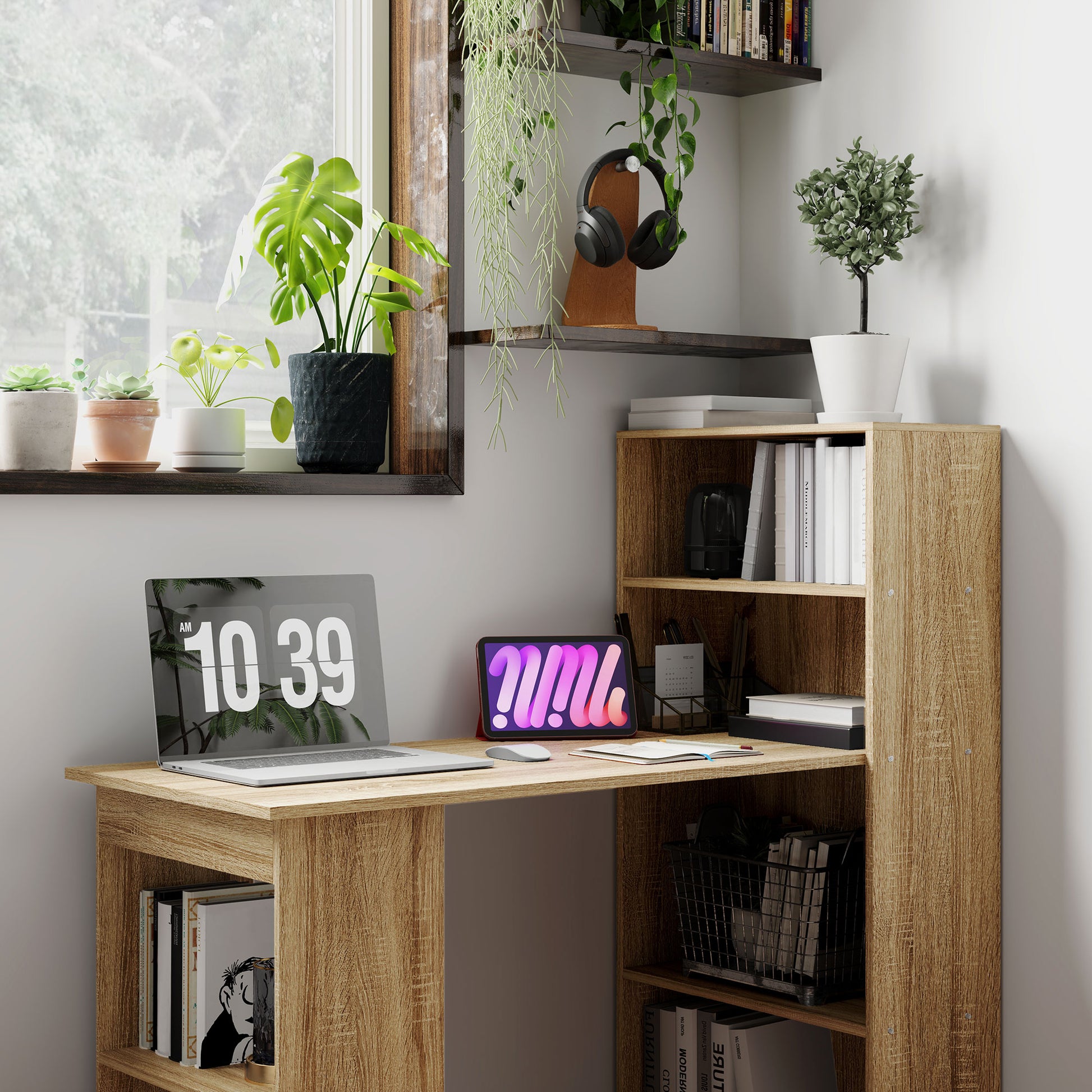 Computer Desk, Desk with Storage, 6 Open Compartments, Computer Table for Bedroom, Studio, 120 x 55 x 120 cm, Oak