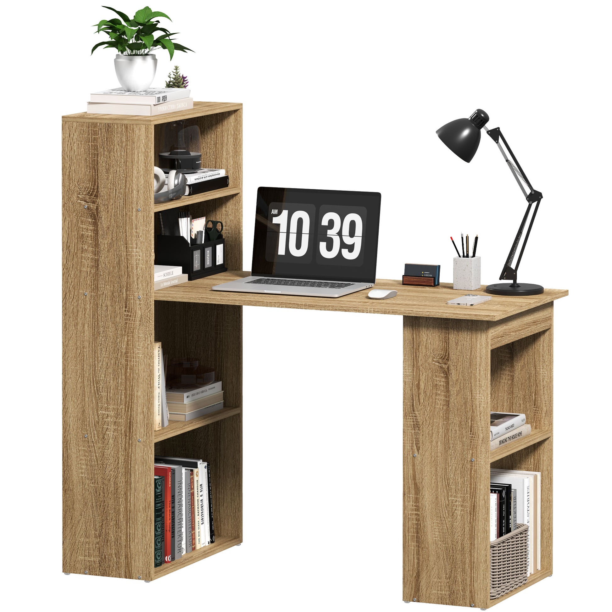 Computer Desk, Desk with Storage, 6 Open Compartments, Computer Table for Bedroom, Studio, 120 x 55 x 120 cm, Oak
