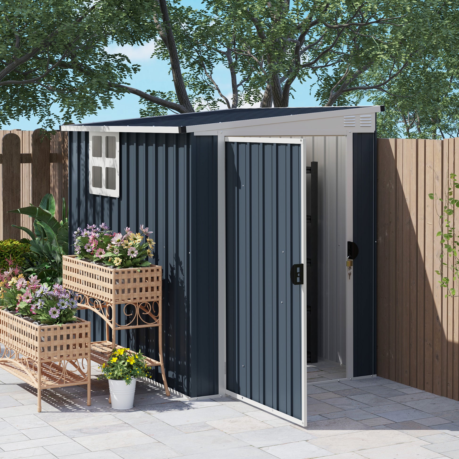 Metal Tool Shed 2.6m² 128x193x181cm Tool Shed with Lean-to Roof Window Lockable Door Weatherproof Garden Shed Outdoor Garden Shed for Backyard Outdoor Area Dark Gray