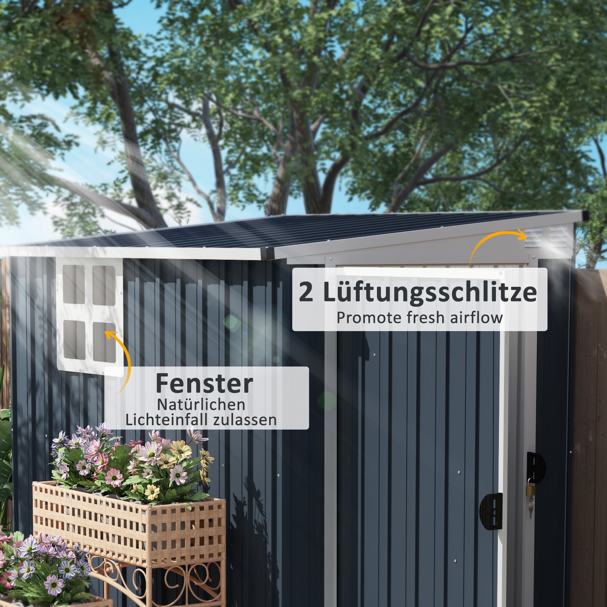 Metal Tool Shed 2.6m² 128x193x181cm Tool Shed with Lean-to Roof Window Lockable Door Weatherproof Garden Shed Outdoor Garden Shed for Backyard Outdoor Area Dark Gray