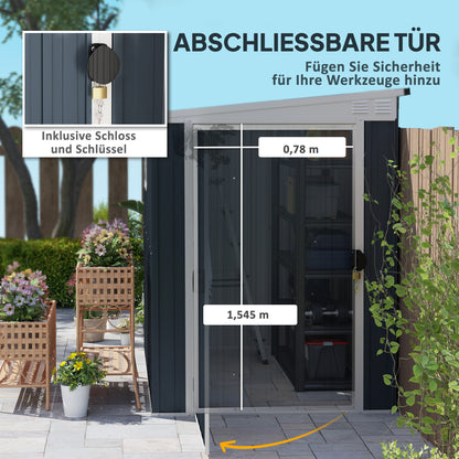 Metal Tool Shed 2.6m² 128x193x181cm Tool Shed with Lean-to Roof Window Lockable Door Weatherproof Garden Shed Outdoor Garden Shed for Backyard Outdoor Area Dark Gray