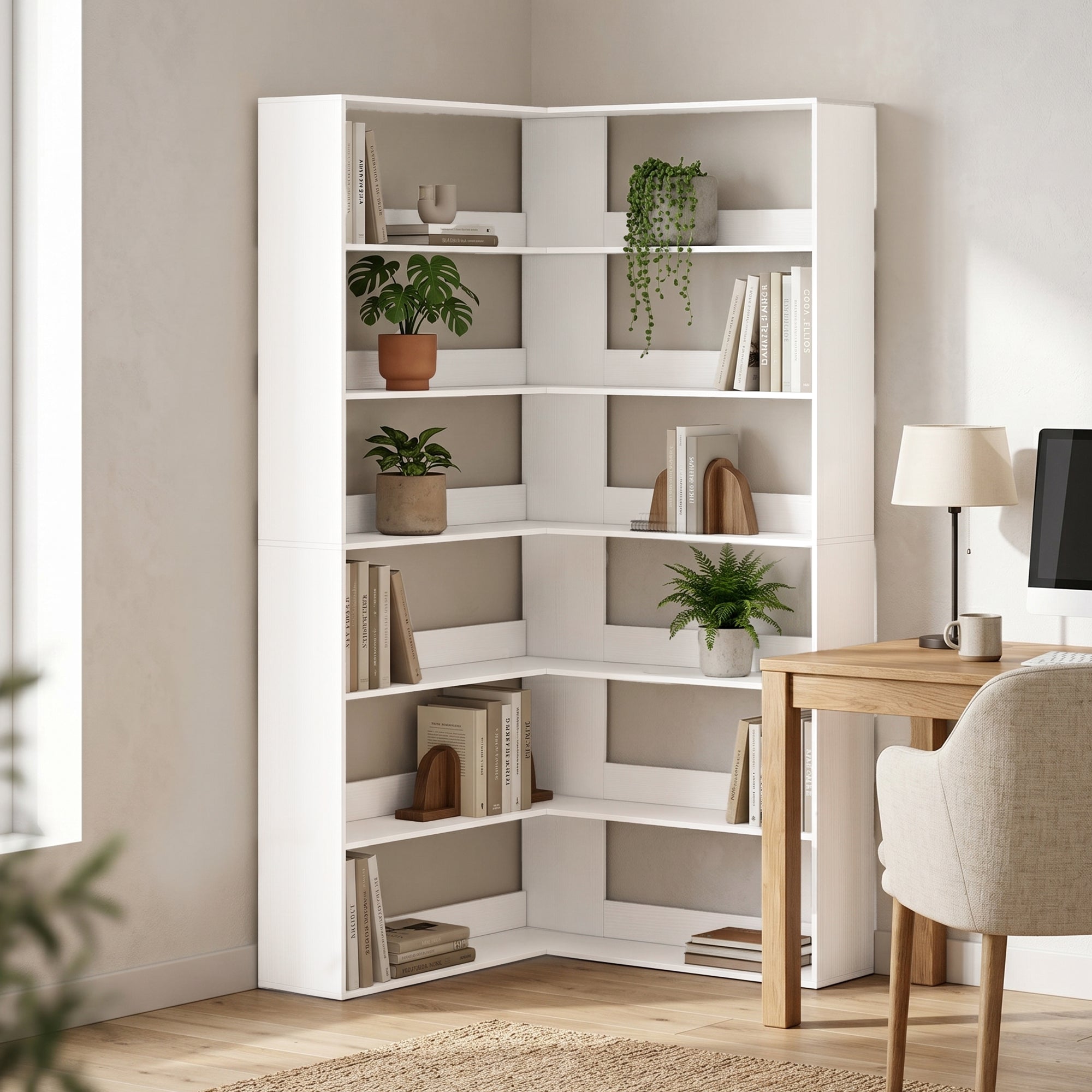 7-Tier L-Shaped Corner Bookcase, White Wood-Effect, Non-Slip 2.8 in Back Lip, 35.4 x 35.4 x 70.9 in