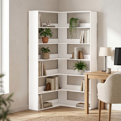7-Tier L-Shaped Corner Bookcase, White Wood-Effect, Non-Slip 2.8 in Back Lip, 35.4 x 35.4 x 70.9 in