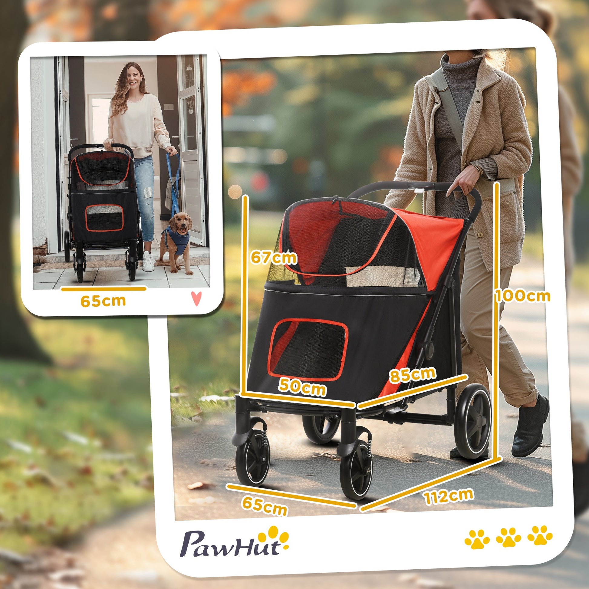 Dog Cart, Dog Buggy with Cushion, Foldable Dog Trolley, Cat Buggy for Large and Medium Dogs, Dog Trolley with Mesh Window, Safety Leashes, Bag, Oxford Fabric, Red
