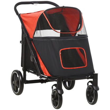 Dog Cart, Dog Buggy with Cushion, Foldable Dog Trolley, Cat Buggy for Large and Medium Dogs, Dog Trolley with Mesh Window, Safety Leashes, Bag, Oxford Fabric, Red