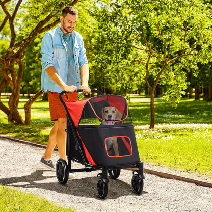 Dog Cart, Dog Buggy with Cushion, Foldable Dog Trolley, Cat Buggy for Large and Medium Dogs, Dog Trolley with Mesh Window, Safety Leashes, Bag, Oxford Fabric, Red