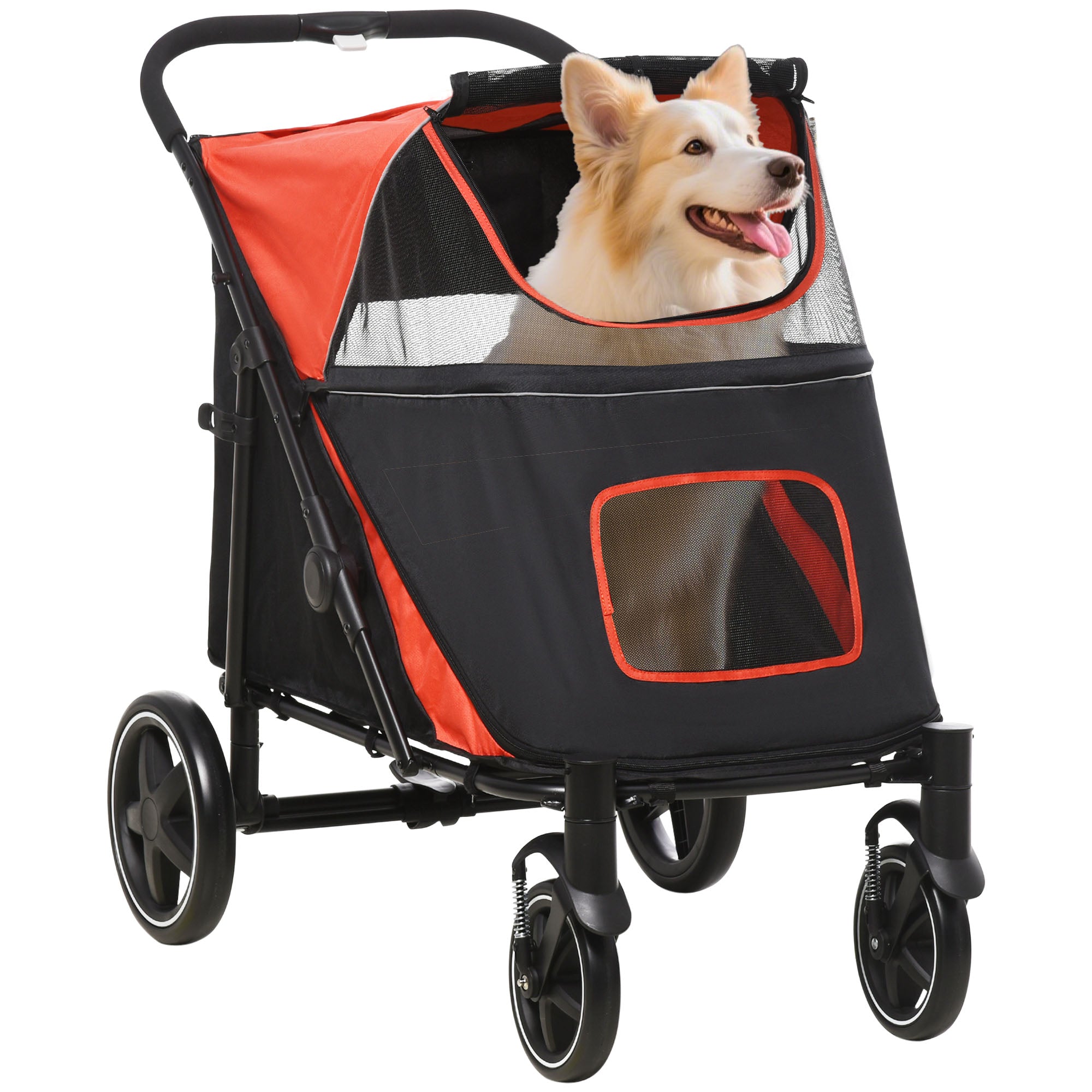 Dog Cart, Dog Buggy with Cushion, Foldable Dog Trolley, Cat Buggy for Large and Medium Dogs, Dog Trolley with Mesh Window, Safety Leashes, Bag, Oxford Fabric, Red