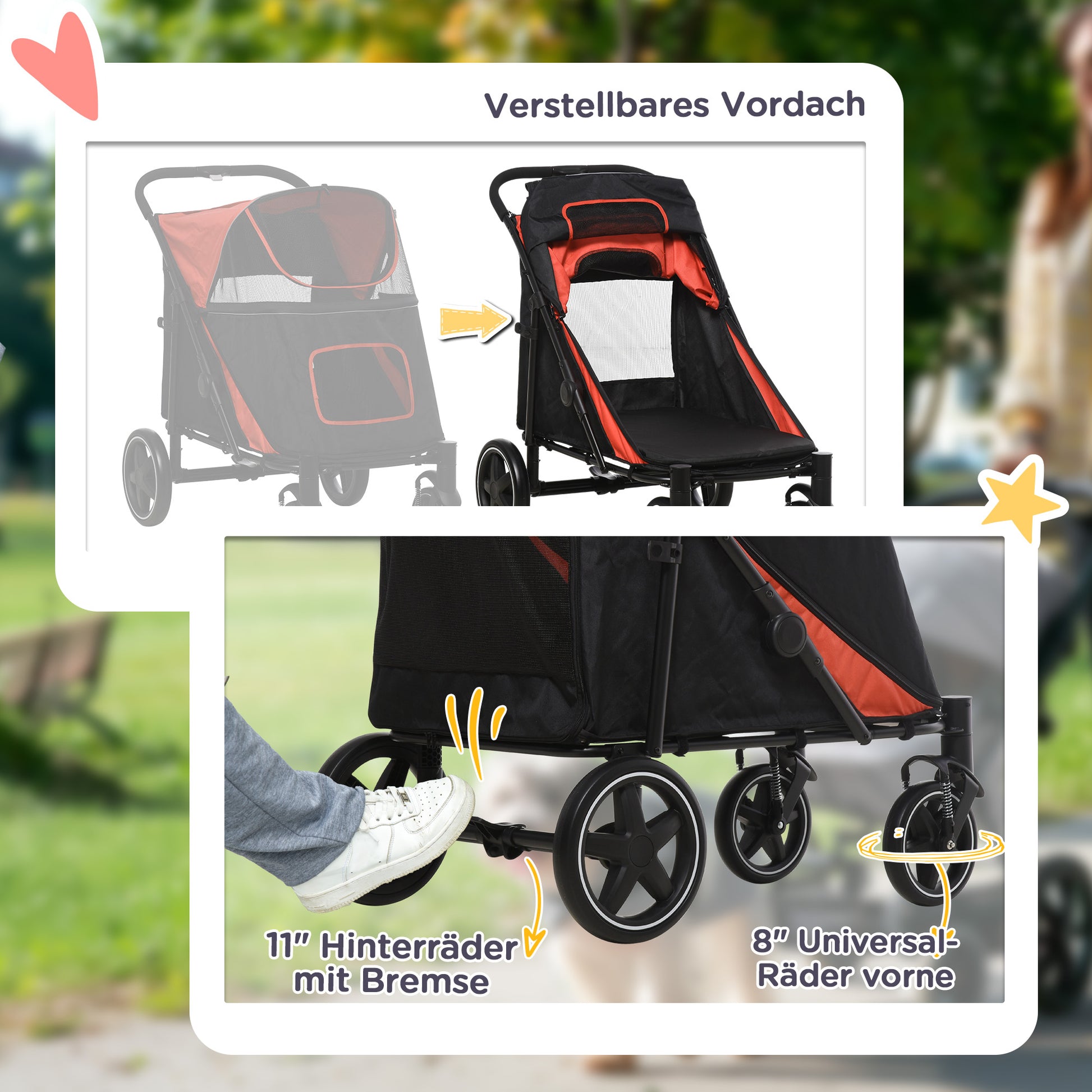 Dog Cart, Dog Buggy with Cushion, Foldable Dog Trolley, Cat Buggy for Large and Medium Dogs, Dog Trolley with Mesh Window, Safety Leashes, Bag, Oxford Fabric, Red