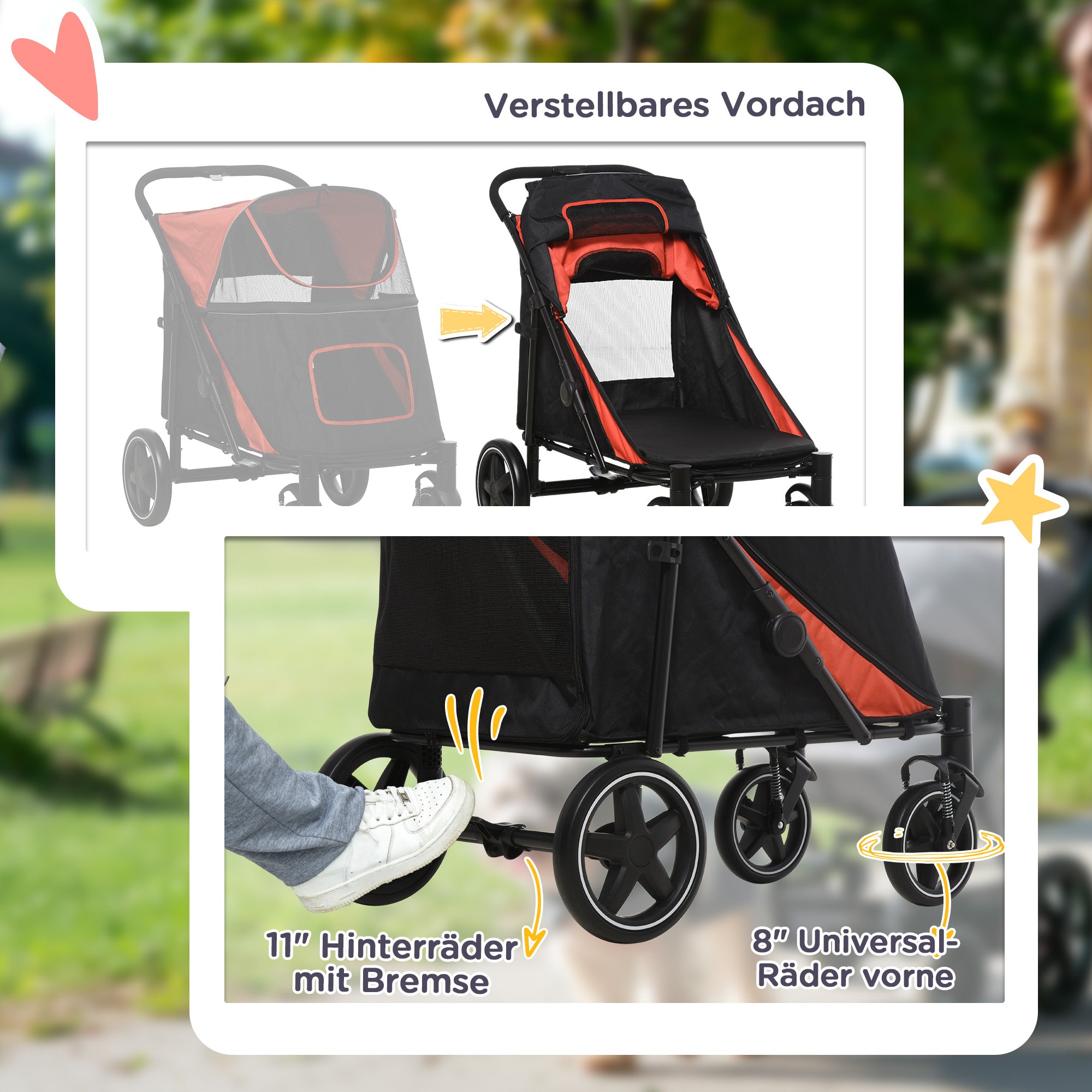 Dog Cart, Dog Buggy with Cushion, Foldable Dog Trolley, Cat Buggy for Large and Medium Dogs, Dog Trolley with Mesh Window, Safety Leashes, Bag, Oxford Fabric, Red