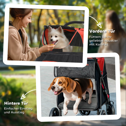 Dog Cart, Dog Buggy with Cushion, Foldable Dog Trolley, Cat Buggy for Large and Medium Dogs, Dog Trolley with Mesh Window, Safety Leashes, Bag, Oxford Fabric, Red