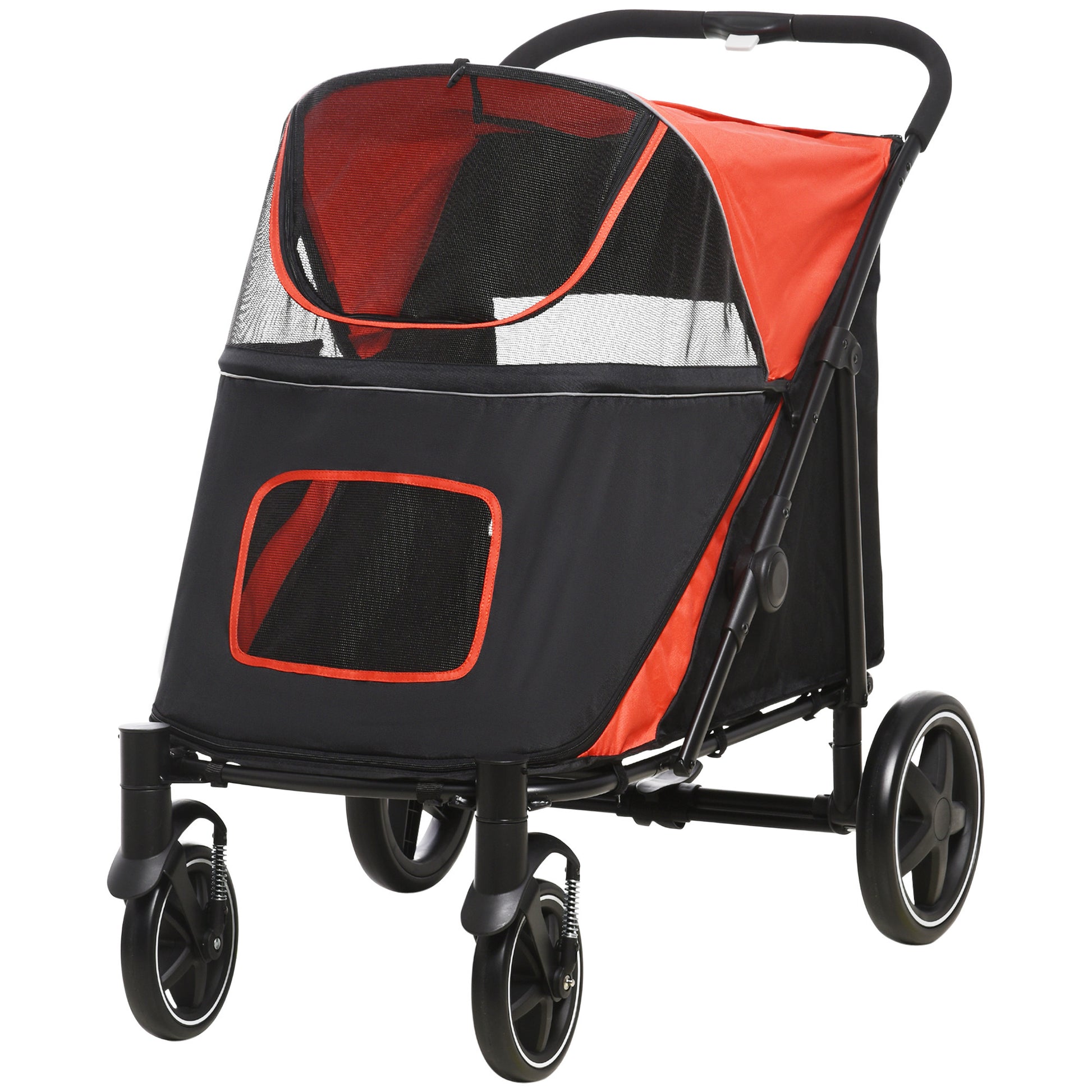 Dog Cart, Dog Buggy with Cushion, Foldable Dog Trolley, Cat Buggy for Large and Medium Dogs, Dog Trolley with Mesh Window, Safety Leashes, Bag, Oxford Fabric, Red