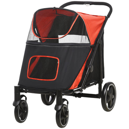 Dog Cart, Dog Buggy with Cushion, Foldable Dog Trolley, Cat Buggy for Large and Medium Dogs, Dog Trolley with Mesh Window, Safety Leashes, Bag, Oxford Fabric, Red