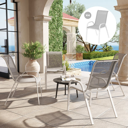 Set of 4 Outdoor Garden Chairs Stackable Terrace Chairs Outdoor Garden Chairs with Breathable Fabric Steel Frame Armrests and Backrest 54x71x93 cm Gray and White