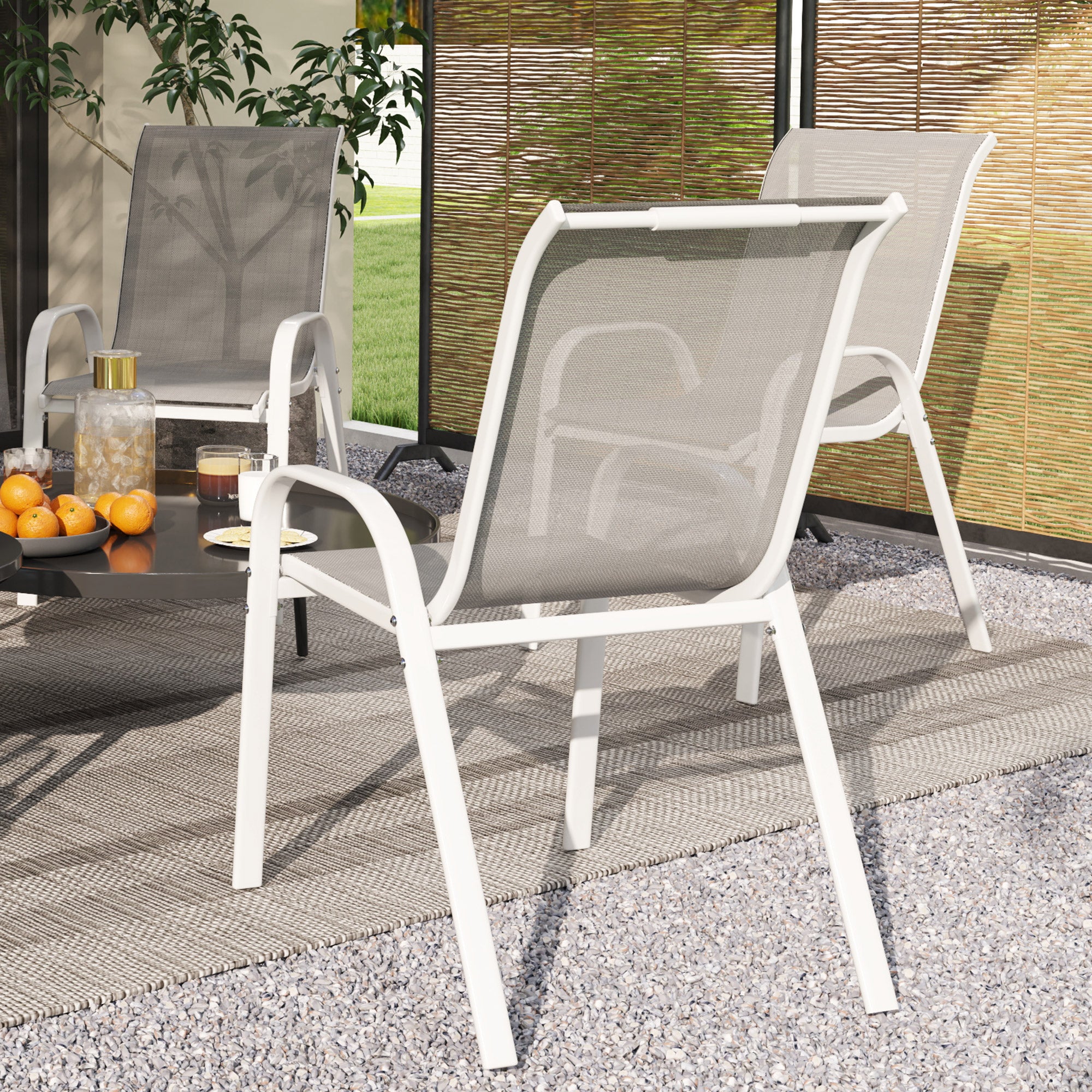 Set of 4 Outdoor Garden Chairs Stackable Terrace Chairs Outdoor Garden Chairs with Breathable Fabric Steel Frame Armrests and Backrest 54x71x93 cm Gray and White