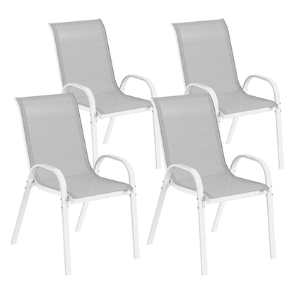 Set of 4 Outdoor Garden Chairs Stackable Terrace Chairs Outdoor Garden Chairs with Breathable Fabric Steel Frame Armrests and Backrest 54x71x93 cm Gray and White