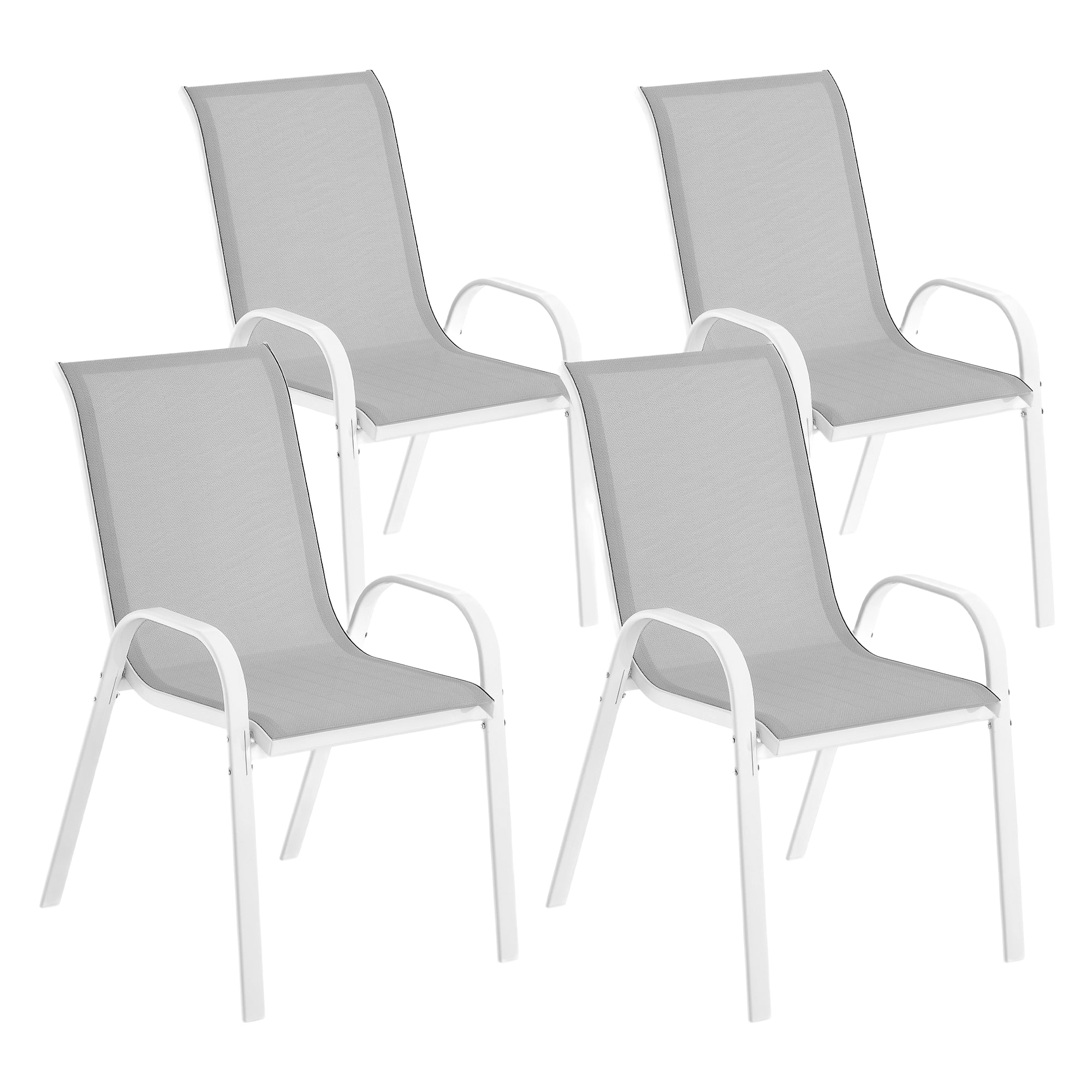 Set of 4 Outdoor Garden Chairs Stackable Terrace Chairs Outdoor Garden Chairs with Breathable Fabric Steel Frame Armrests and Backrest 54x71x93 cm Gray and White
