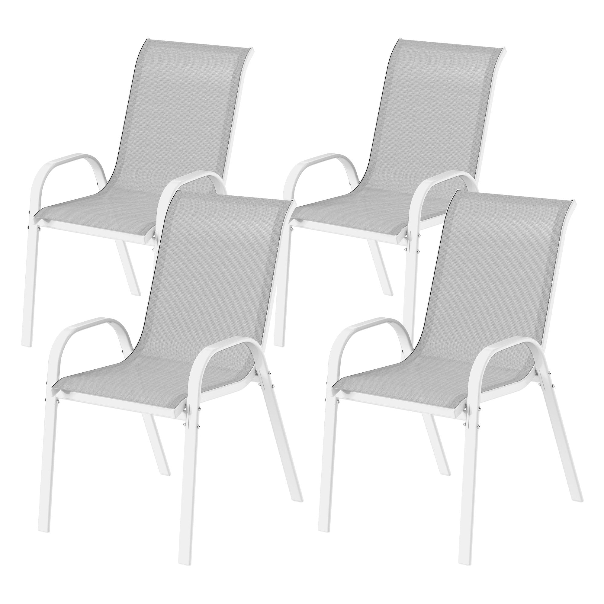 Set of 4 Outdoor Garden Chairs Stackable Terrace Chairs Outdoor Garden Chairs with Breathable Fabric Steel Frame Armrests and Backrest 54x71x93 cm Gray and White