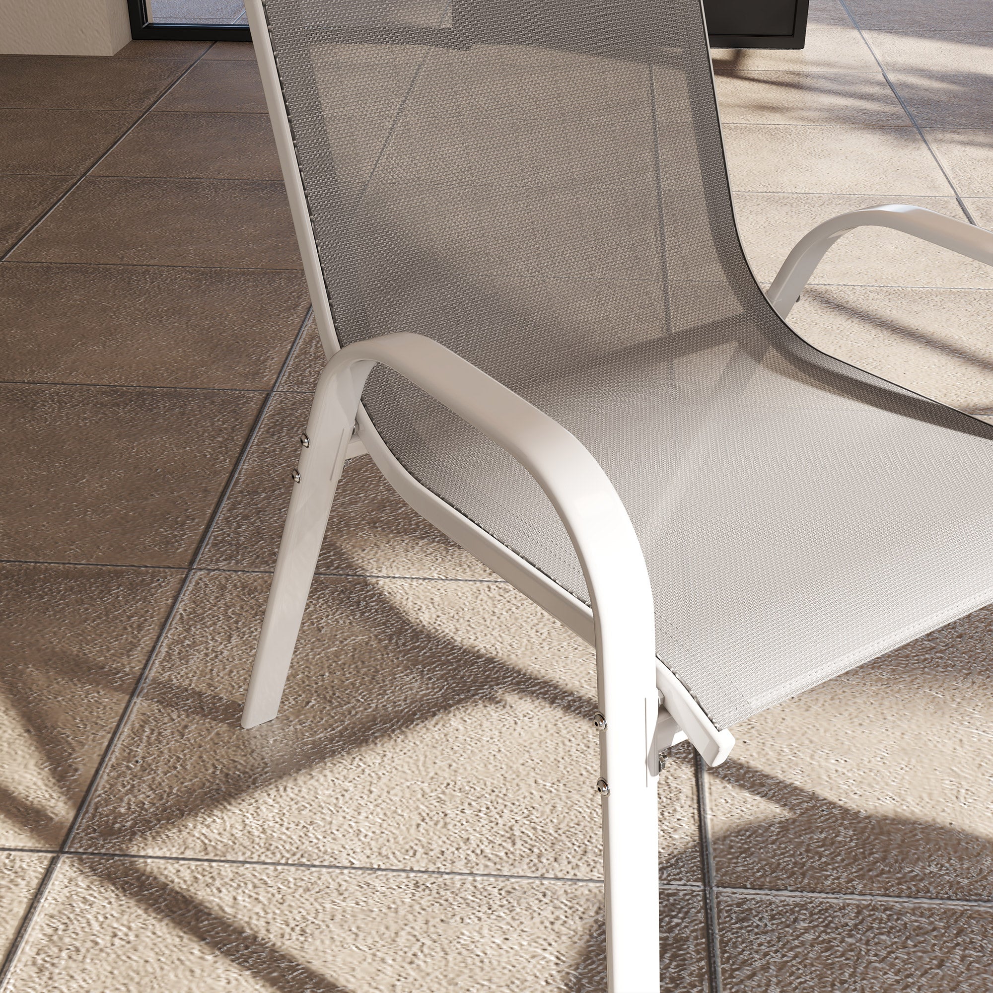 Set of 4 Outdoor Garden Chairs Stackable Terrace Chairs Outdoor Garden Chairs with Breathable Fabric Steel Frame Armrests and Backrest 54x71x93 cm Gray and White
