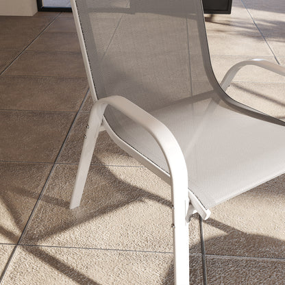 Set of 4 Outdoor Garden Chairs Stackable Terrace Chairs Outdoor Garden Chairs with Breathable Fabric Steel Frame Armrests and Backrest 54x71x93 cm Gray and White