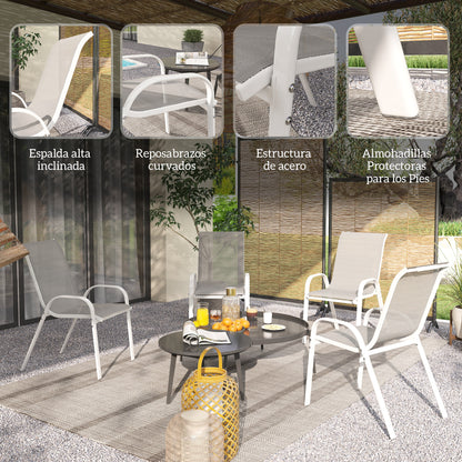 Set of 4 Outdoor Garden Chairs Stackable Terrace Chairs Outdoor Garden Chairs with Breathable Fabric Steel Frame Armrests and Backrest 54x71x93 cm Gray and White