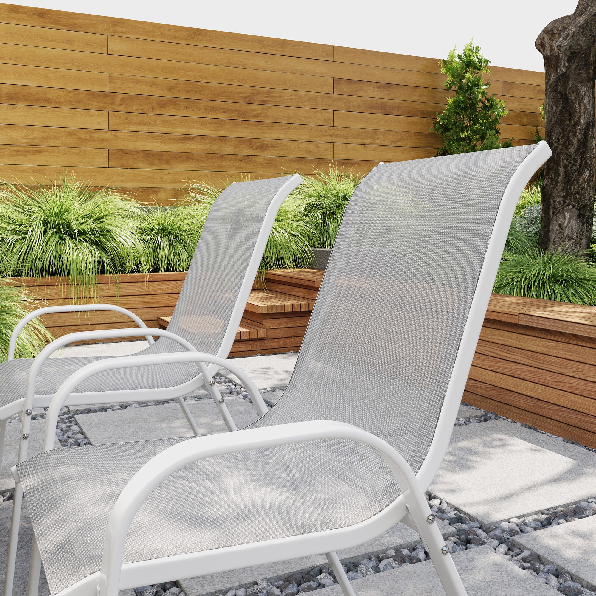 Set of 4 Outdoor Garden Chairs Stackable Terrace Chairs Outdoor Garden Chairs with Breathable Fabric Steel Frame Armrests and Backrest 54x71x93 cm Gray and White