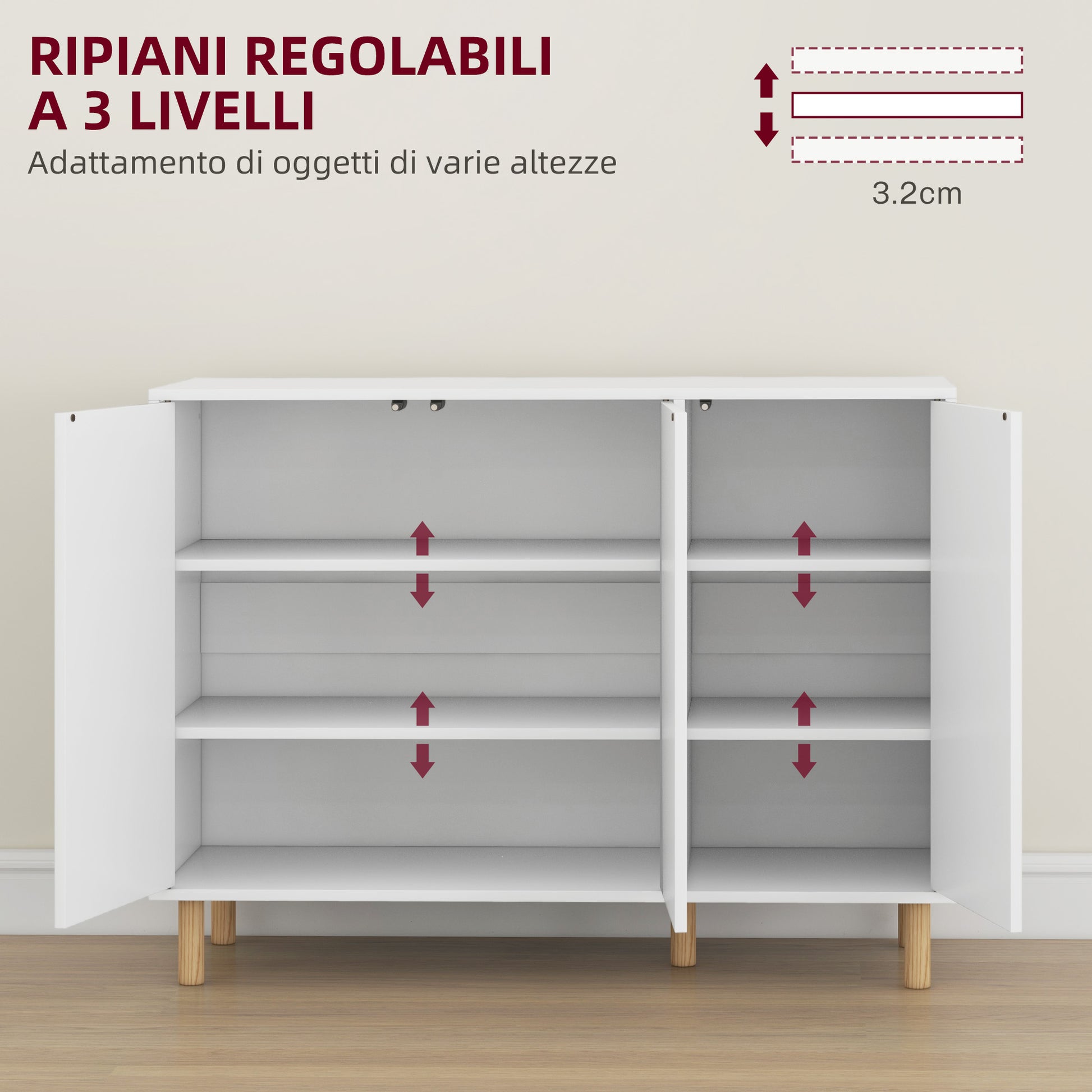 Modern Credenza with 2 Cabinets and 3 Shelves, Multi-Purpose Wood Furniture, 107x40x80 cm, White